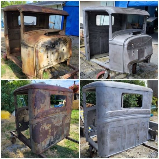Rusty truck cab before and after blasting, front and side views