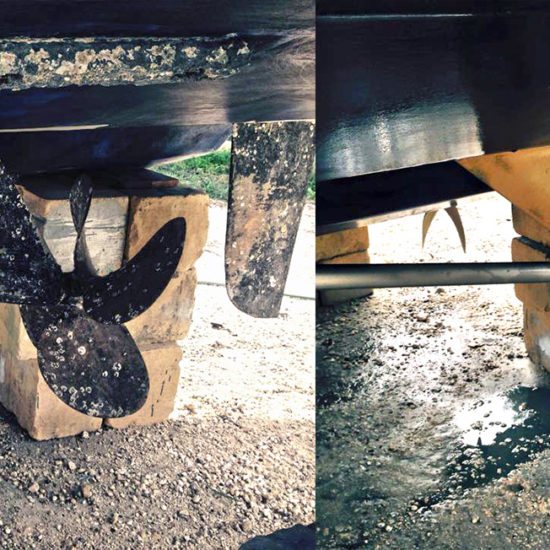 Boat propeller and rudder before and after removing marine growth