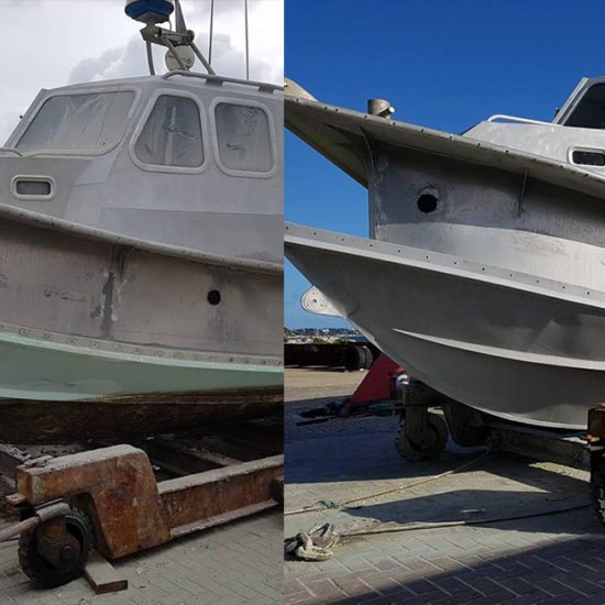 Aluminum boat hull before and after blasting