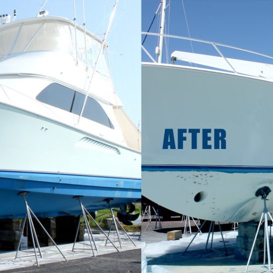 Sportfishing boat hull before and after bottom paint removal
