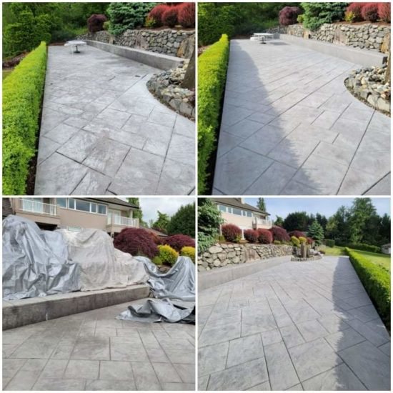 Stamped concrete patio cleaned, before and after