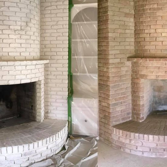 White-painted brick fireplace stripped to natural brick