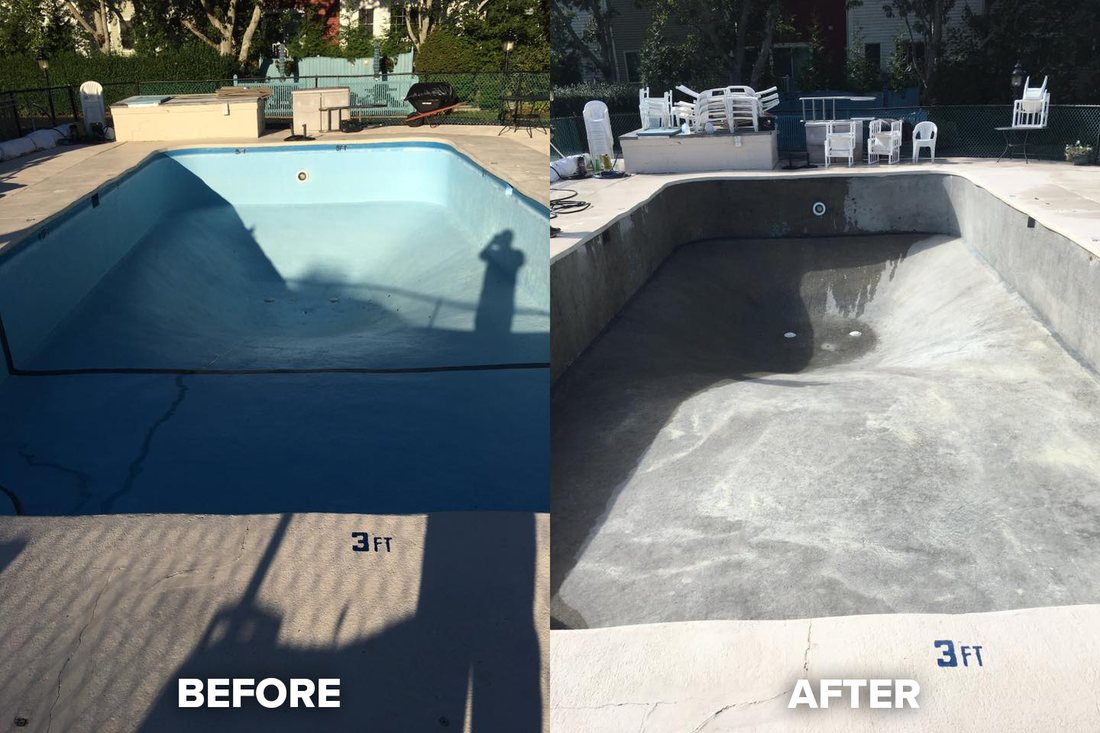 Swimming pool stripped of its old coating, before and after