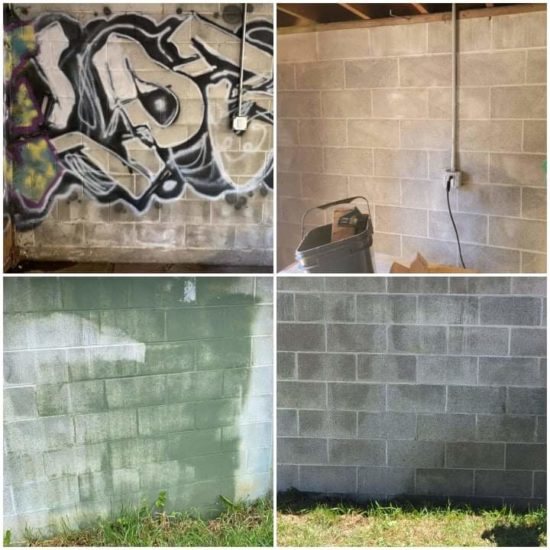 Graffiti removed from a block wall